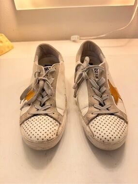 White GOLDEN GOOSE Leather Studded Low-Top Sneakers with Yellow Star Accent